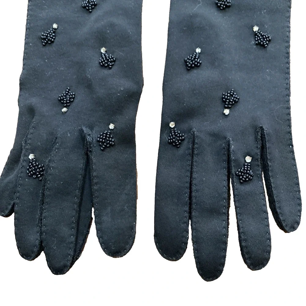 Gimbels Hong Kong Bead & Rhinestone Black Cotton Dressy Elbow Gloves 6.5 Vintage